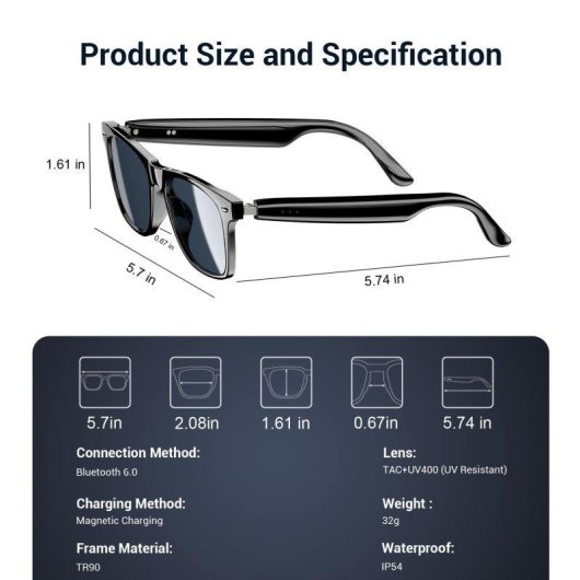 Blackview D1 Lunettes intelligentes Bluetooth Haut-parleurs Contrôle vocal UV Protection Noires