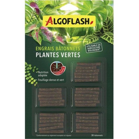 Bâtonnet d'engrais Algoflash Naturasol Plantes Vertes 30 Unités Libération Contrôlée