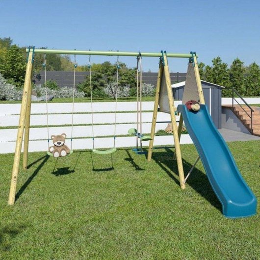 Portique ALEO Trigano Optima 2 Bois avec Toboggan bleu 2,22 m