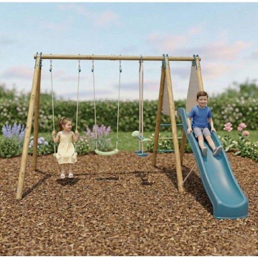 Portique ALEO Trigano Optima 2 Bois avec Toboggan bleu 2,22 m