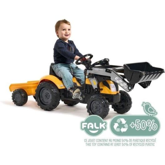 Tractora de Pedales FALK Mighty Builder Amarilla con Remolque