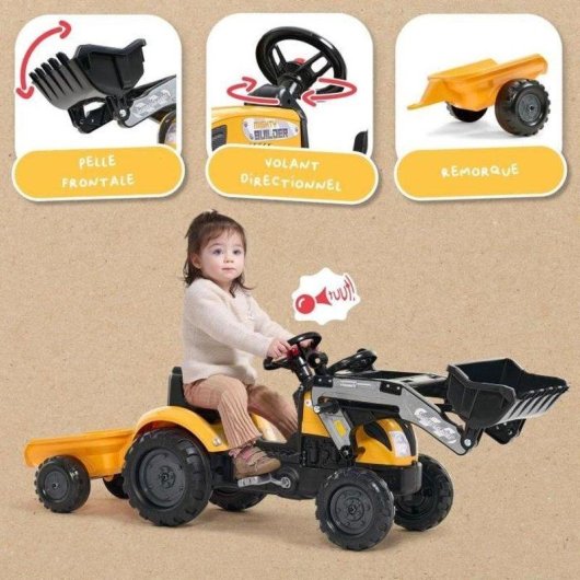 Tractora de Pedales FALK Mighty Builder Amarilla con Remolque