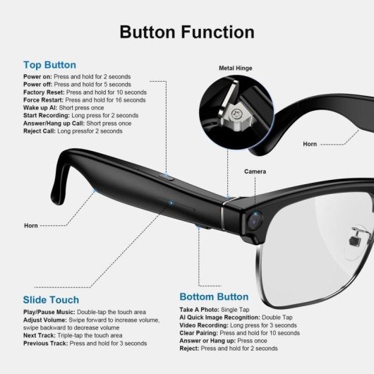 Blackview Bv200 Lunettes intelligentes Caméra IA Intégrée Appel Bluetooth Traduction Noir