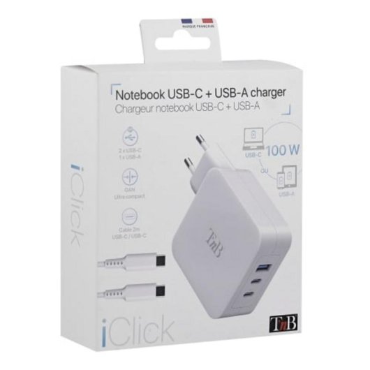 Chargeur GaN 100W TnB CHNBTINY100 USB-C USB-A Blanc