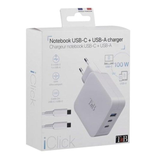 Chargeur GaN 100W TnB CHNBTINY100 USB-C USB-A Blanc