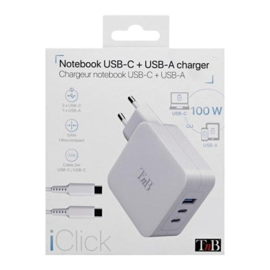 Chargeur GaN 100W TnB CHNBTINY100 USB-C USB-A Blanc