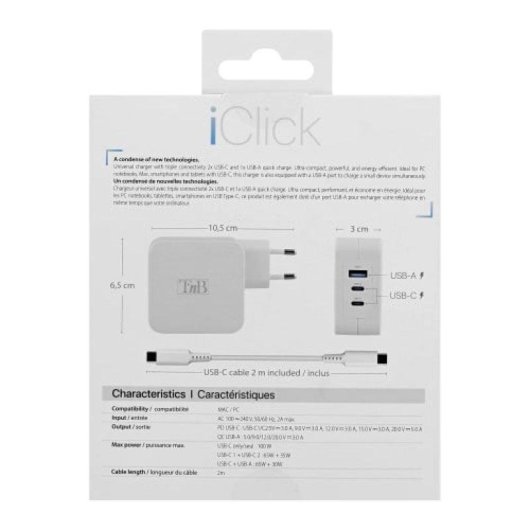 Chargeur GaN 100W TnB CHNBTINY100 USB-C USB-A Blanc