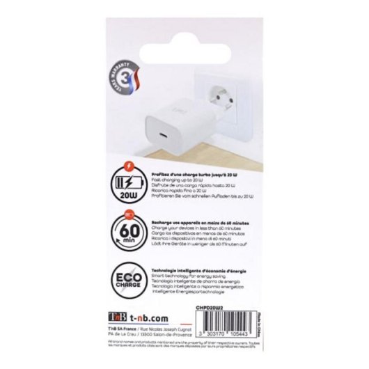 Chargeur Mural TnB CHPD20W2 20W Power Delivery Blanc
