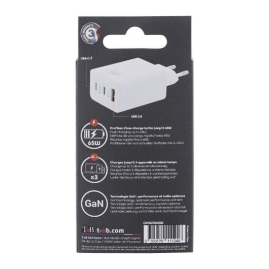 Caricatore TnB CHGAN65W GaN 65W 2 USB-C USB-A Bianco