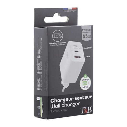 Caricatore TnB CHGAN65W GaN 65W 2 USB-C USB-A Bianco