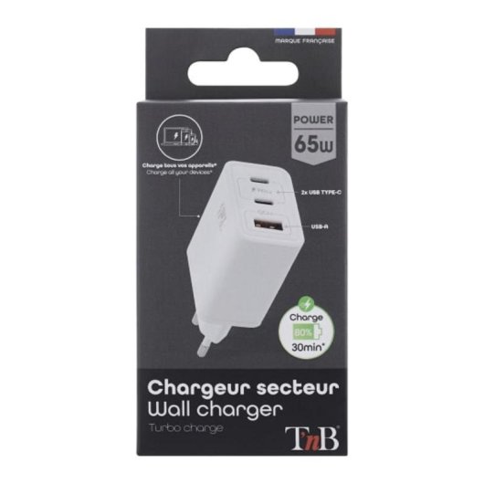 Caricatore TnB CHGAN65W GaN 65W 2 USB-C USB-A Bianco