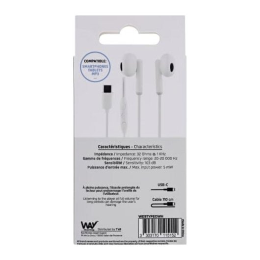 Auriculares TnB Way con cable USB-C para llamadas y música, micrófono, blancos
