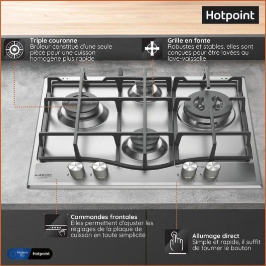 Placa de Cocción Gas Hotpoint PCN 641 T/IX/HA 60 cm 4 Fuegos