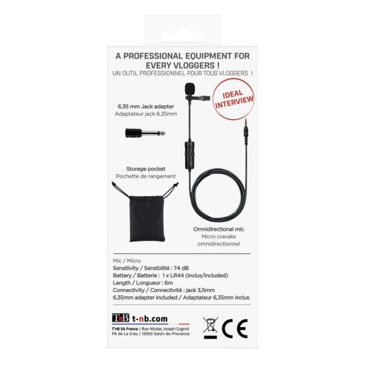 Microfono TnB INLAPMIC2 lavalier nero con clip 3,5 mm cablato