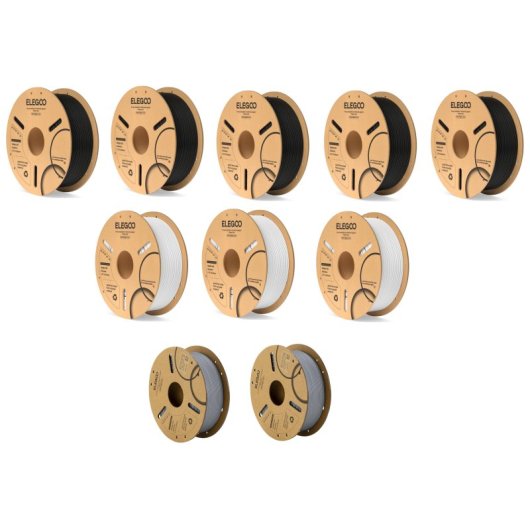 Pack ELEGOO Filamento PLA 1,75 mm 10 kg 5x Negro 3x Blanco 2x Gris
