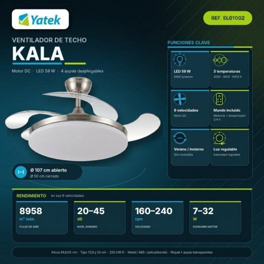Ventoinha de Teto com Luz Yatek Kala 59W 107cm 6 Velocidades Pás Retráteis Comando