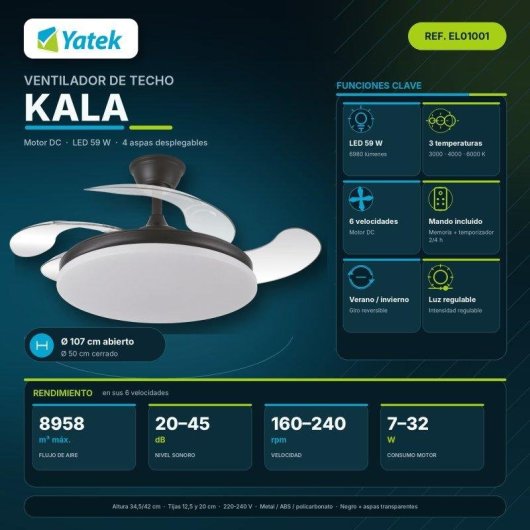 Ventoinha de Teto com Luz Yatek Kala 59W 6 Velocidades 107cm Pás Retráteis Comando Motor Silencioso