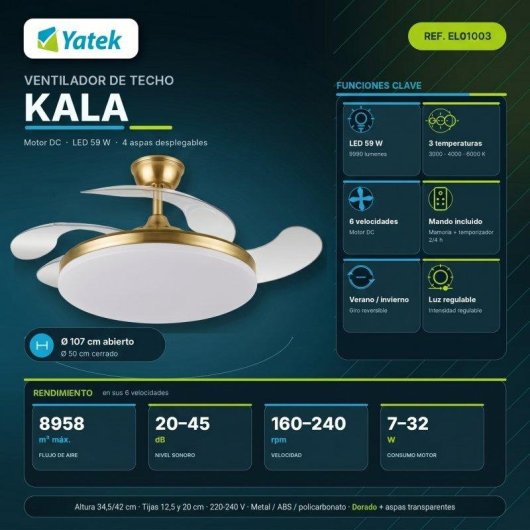 Ventilateur de Plafond avec Lumière LED Yatek Kala 59W 107cm 6 Vitesses Pales Rétractables Télécommande