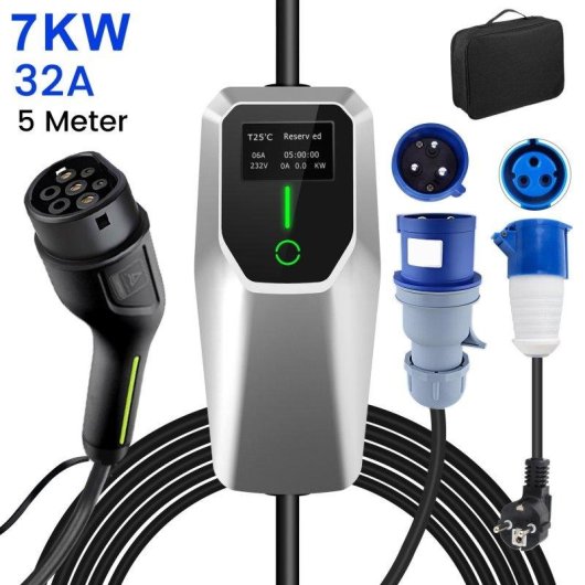Chargeur Portable JUNSUN 7 kW Type 2 IP67 5 m avec Adaptateur CEE-Schuko