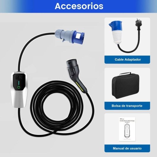 Chargeur Portable JUNSUN 7 kW Type 2 IP67 5 m avec Adaptateur CEE-Schuko