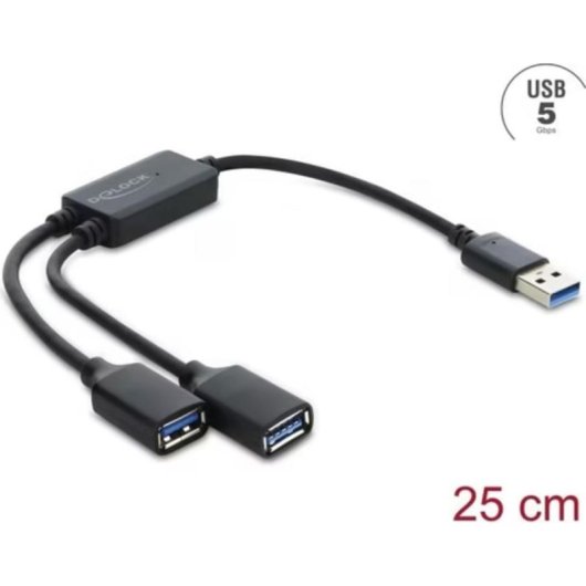 Hub USB Delock 2 Portas USB-A 5Gbps 0,25m Compacto e Rápido