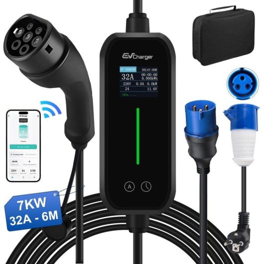 Chargeur EV portable JUNSUN 7 kW Type 2 6 m LCD IP65