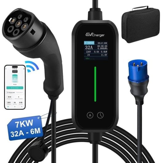 Chargeur Portable EV JUNSUN 7kW 32A Type 2 Câble 6m LCD App IP65