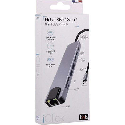 Hub USB-C T'nB iClick 8 in 1 Alluminio HDMI 4K USB 3.0 Power Delivery