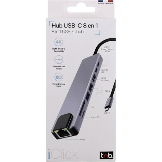 Hub USB-C T'nB iClick 8 in 1 Alluminio HDMI 4K USB 3.0 Power Delivery