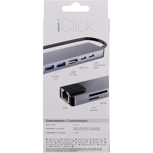 Hub USB-C T'nB iClick 8 in 1 Alluminio HDMI 4K USB 3.0 Power Delivery