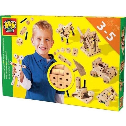 SES Creative Kit De Construção De Madeira Jovem Carpinteiro 46 Peças Com Martelo E Pinos