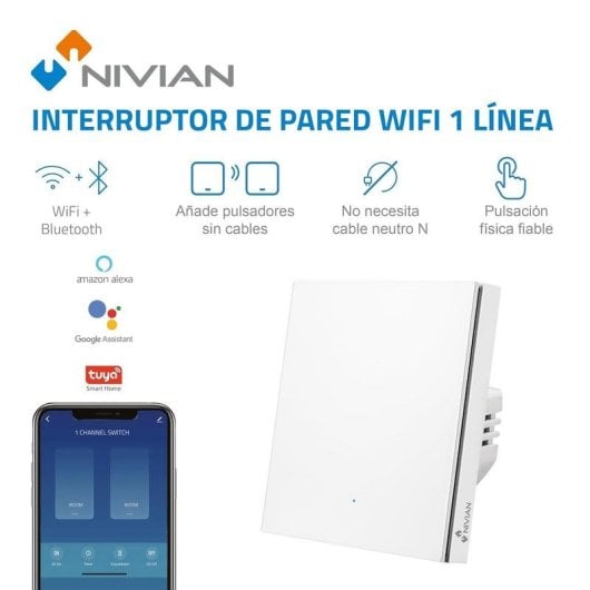 Slimme Schakelaar Nivian Mini NVS-FLATWALLSWITCH-101-WRB WiFi Bluetooth Compatibel Tuya