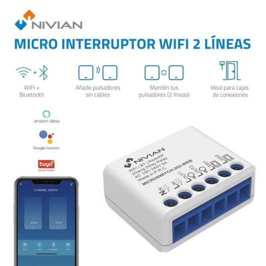 Interruptor Inteligente Nivian NVS-MICROSWITCH-202-WRB WiFi Compatível com Tuya 2 circuitos