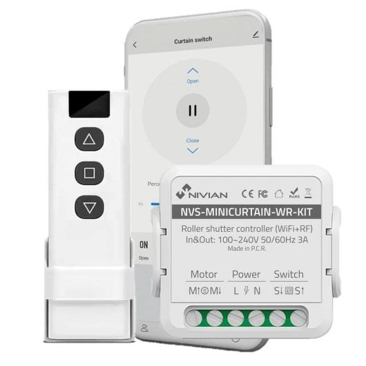 Interruttore Intelligente NIVIAN NVS-SMARTCURTAIN-WR-KIT WiFi con Telecomando RF e App Tuya