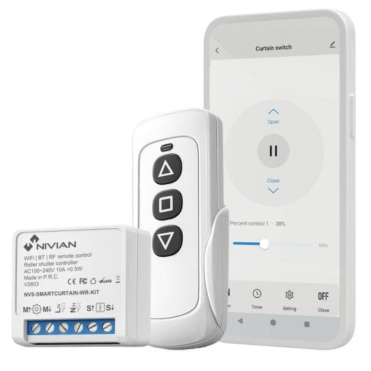 Interruttore Intelligente NIVIAN NVS-SMARTCURTAIN-WR-KIT WiFi con Telecomando RF e App Tuya