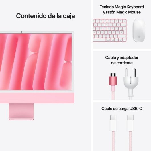 Apple iMac 24 Apple M4 CPU de 10 núcleos/16GB/256GB SSD/GPU 10 Núcleos/24" Retina 4.5K Rosa Vidrio nanotexturizado + Touch ID Gigabit