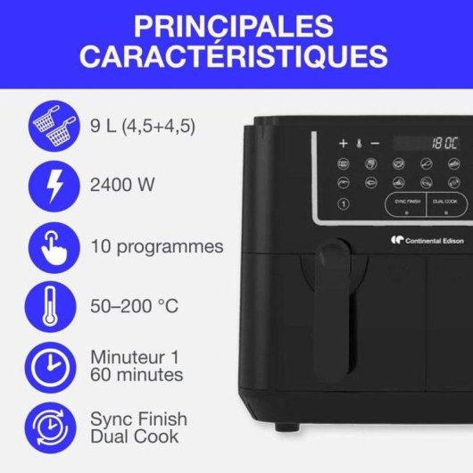 Freidora de aire Continental Edison CERFRSH24002CB 9 L 2400 W doble cesta
