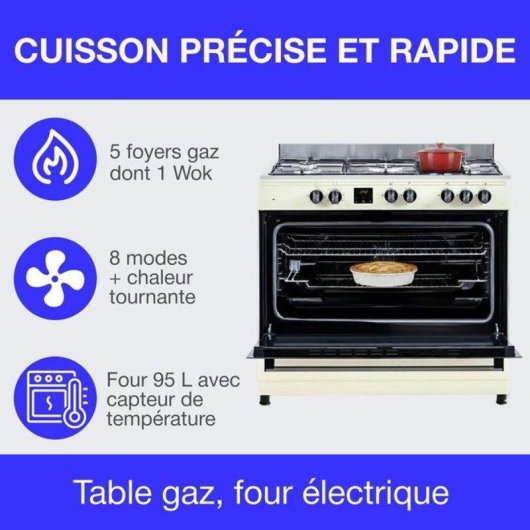 Cuisinière gaz indépendante Continental Edison CECP9060CD 5 feux Four 95L