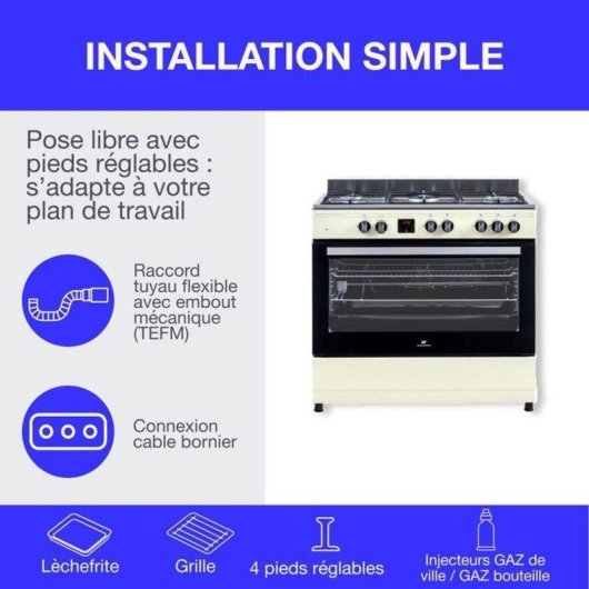 Cuisinière gaz indépendante Continental Edison CECP9060CD 5 feux Four 95L