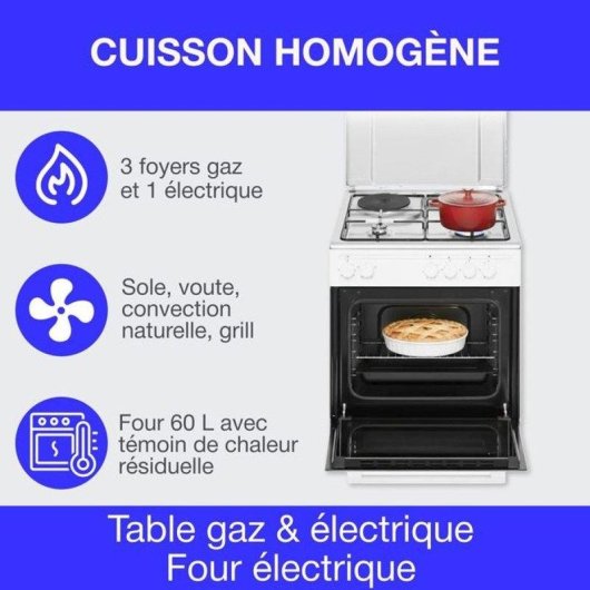 Cuisinière mixte Continental Edison Cecm60fcw 3 feux gaz 1 plaque électrique