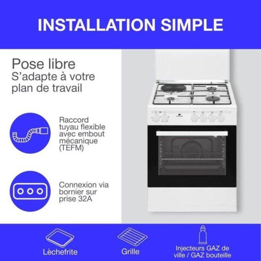 Cuisinière mixte Continental Edison Cecm60fcw 3 feux gaz 1 plaque électrique