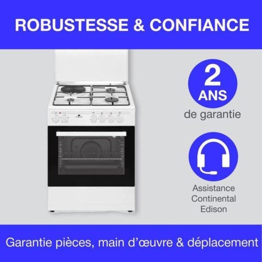 Cuisinière mixte Continental Edison Cecm60fcw 3 feux gaz 1 plaque électrique