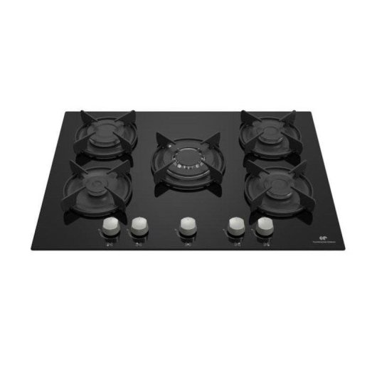 Placa de gas Continental Edison 5 fuegos vidrio templado negro mandos frontales electrónicos