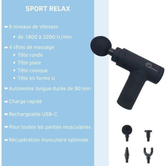 Pistola de Masaje Little Balance Sport Relax 6 Velocidades 4 Cabezales USB-C Negro