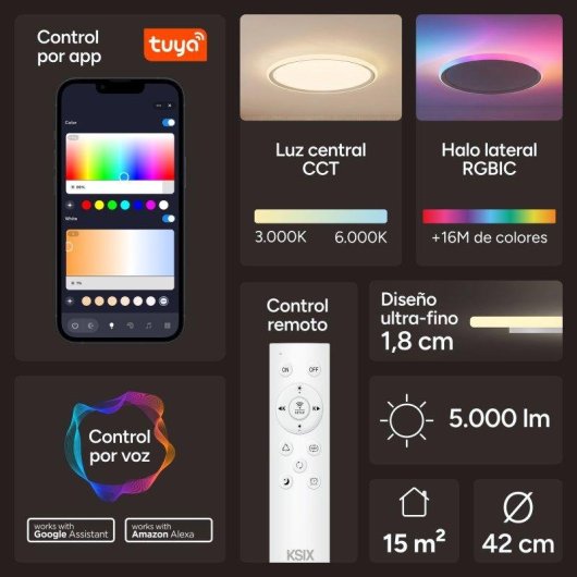 Plafón Ksix Levora Glow CCT+RGBIC Ø42 cm 3.700 lúmenes 30 W Ultrafino Tuya