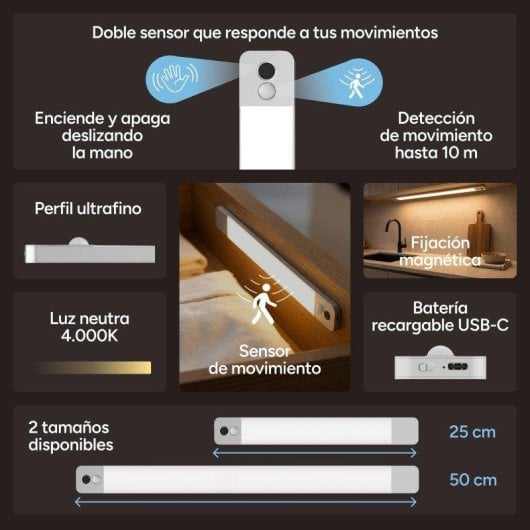 Luz LED Ksix Sense Motion 50 cm Doble Sensor 180 lm Recargable USB-C