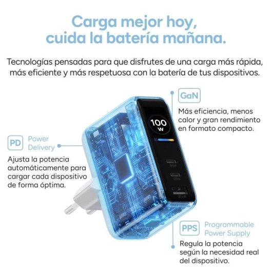 Cargador de red Ksix VoltView 100W GaN con pantalla TFT y cable 2m