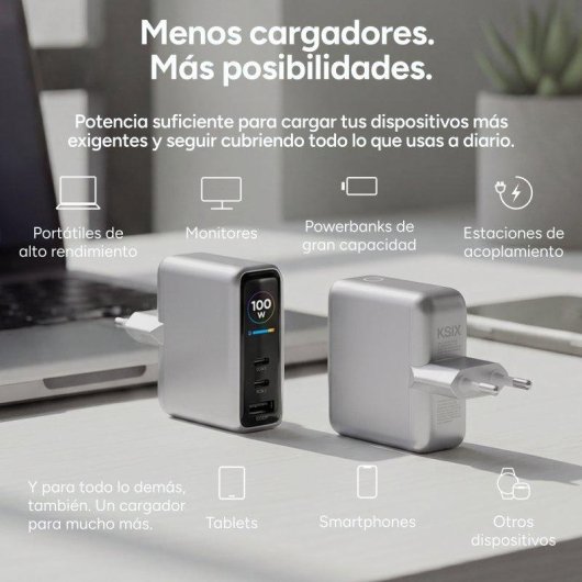 Cargador de red Ksix VoltView 100W GaN con pantalla TFT y cable 2m