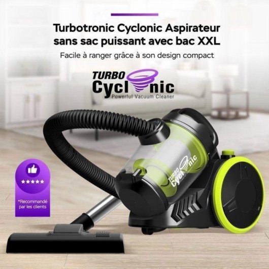 Aspirateur sans Sac Turbotronic CV07 700W 2,5L Filtre HEPA Noir Vert