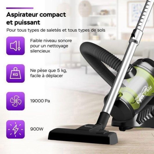 Aspirateur sans Sac Turbotronic CV07 700W 2,5L Filtre HEPA Noir Vert